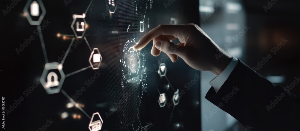 Poster interactive futuristic technology interface: a hand interacts with a holographic display showing net