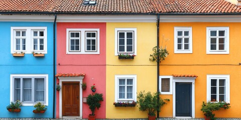 Naklejka premium Row of vibrant houses with colorful facades