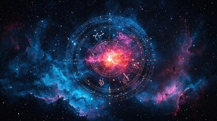 Obraz premium Zodiac Wheel with Constellations and Cosmic Nebula Background Astrology Concept