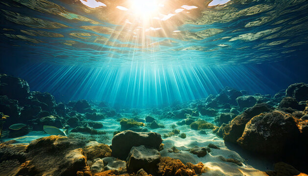 Underwater marine life, world oceans day abstract background, sustainability ideal for ocean related events, stock photo