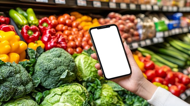 Person using smartphone app for grocery shopping amidst colorful fresh produce