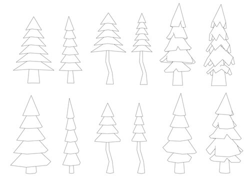 A set of twelve Fir trees are drawn in black and white. The Fir trees are all different sizes and shapes, with some being taller and others shorter. The trees are arranged in a row