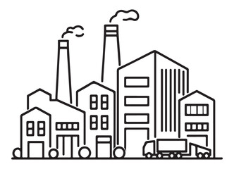 Industrial Factory Silhouette Vector Illustration with Buildings and Chimneys