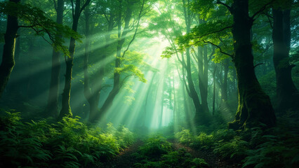 Obraz premium Sunlight filters through the lush green canopy of a dense forest, creating a mesmerizing scene of natural beauty and serenity. The radiant light casts a warm glow on the path.