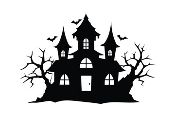 Silouette art illustration of a haunted house with crooked towers.eps