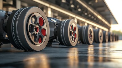 Fototapeta premium Modern braking system components lined up on a concrete surface for comparison