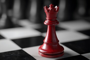 A close-up shot of a red chess piece on a board, emphasizing the fine details and contrast with the black and white squares.