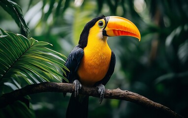 Naklejka premium A colorful toucan perched on a branch, surrounded by lush green foliage in a natural habitat