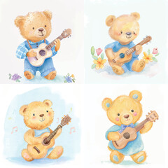 Musical Teddy Bear Clipart Bundle | Guitar Playing Bear

