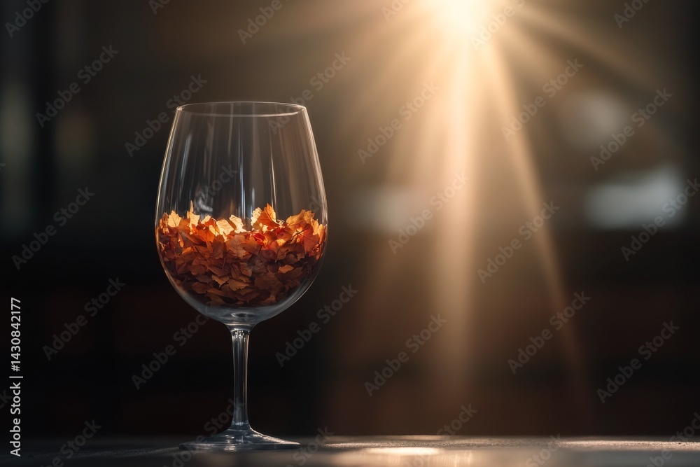 Poster A wine glass showcases a tiny autumn landscape with falling leaves and miniature trees, warmly lit to create a captivating seasonal display against shadows