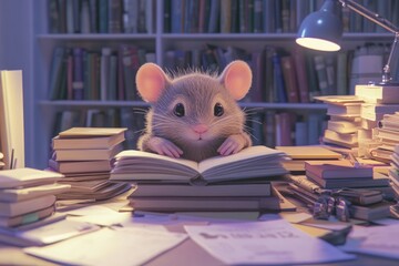 Fototapeta premium A cute mouse engrossed in reading a book surrounded by a pile of books in a library.