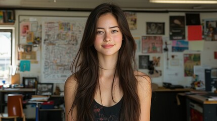 Portrait of a Young Woman with Long Brown Hair in an Art Studio