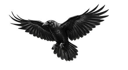 Obraz premium Dramatic black raven soaring with wings spread against a white background