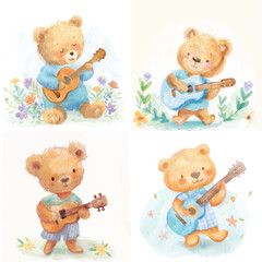 Sweet Teddy Bear Music Clipart | Guitar Illustration Set

