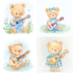 Fun-Loving Teddy Bear Playing Guitar Watercolor Bundle

