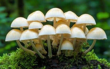 Fototapeta premium Cluster of small, creamy white mushrooms growing on a bed of vibrant green moss in a forest setting