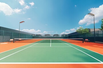 Fototapeta premium Bright tennis court under clear blue sky with vibrant surfaces and ample lighting