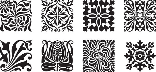 Set of square shaped ornamental elements. Vintage style. Isolated on white background.
