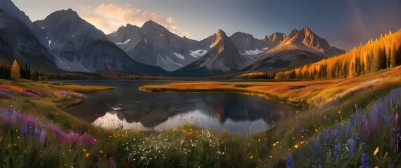 Stunning panoramic shot of crystal clear lake surrounded by wildflower meadows and towering mountain peaks in autumn