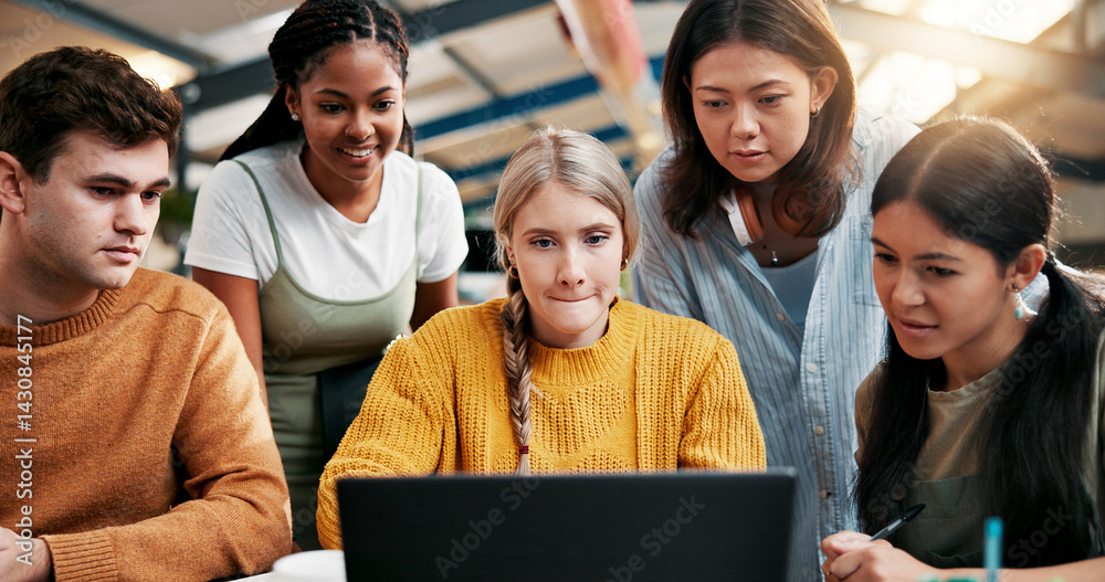 Poster college, teamwork and students in library with laptop, project or research for assignment together. 