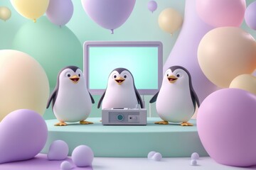 Obraz premium Three cute penguins enjoying a presentation with pastel balloons and a projector.