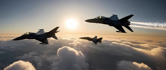 Stealthy military jets swooping low above thick cloud cover in vivid early morning light panorama