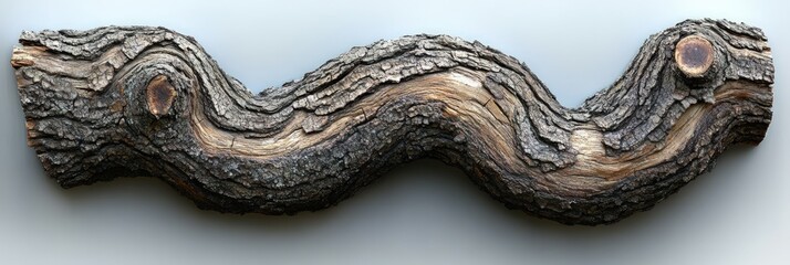 Fototapeta premium Wavy knotted log with textured bark atop a pale background