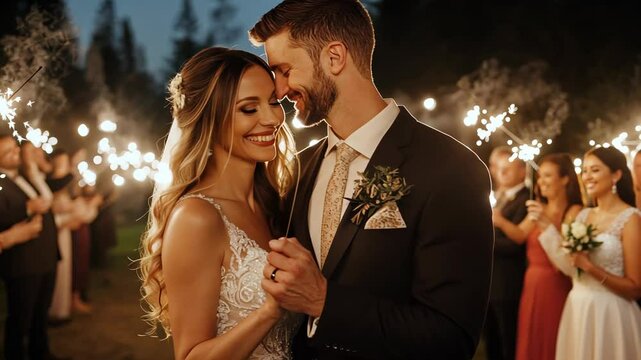 Wedding celebration with bride and groom dancing amidst sparkler cheers