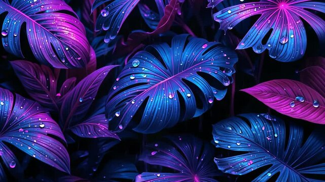 Vibrant Neon Tropical Leaves Dew Drops Background