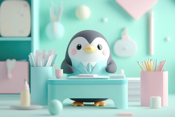 A cute penguin in a suit sits at a pastel desk in a minimalist office, working diligently.