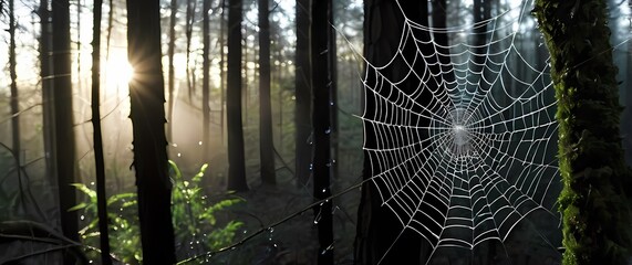 Spider web thick with dew drops stretched between forest tree branches shining like delicate crystal threads