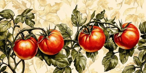 Vintage watercolor painting of a tomato on a branch.