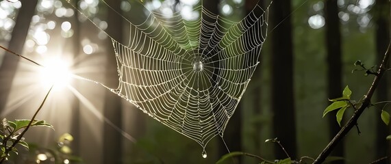Spider web glittering with tiny dewdrops stretched between forest branches under soft early morning sun