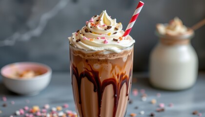 Gourmet chocolate milkshake with whipped cream and sprinkles, sweet indulgent dessert