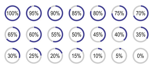 Percentage infographics elements. Round diagrams icons pattern for infographics from 0 to 100 percent. Lilac, grey color fill divided pie charts indicator layout. Circle graph loading progress mockup.