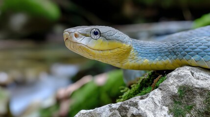 Obraz premium Close-up of a vibrant blue and yellow snake on a rock