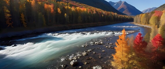 Spectacular wide shot of mountain river flowing through vibrant autumn forest under a radiant blue sky