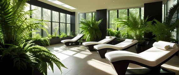 Spa space with modern clean line chaise loungers accented by green indoor ferns and soft filtered sunlight below large windows