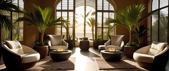 Fototapeta premium Spa setting with soft fabric chairs surrounded by potted palms and large windows filtering warm light