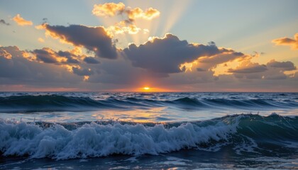 Sunrise over calm ocean waves, golden light and peaceful morning seascape