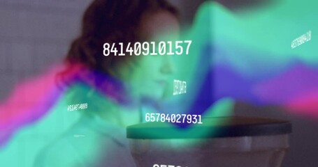 woman data analyst examining data overlays in lab, with floating numeric strings, teal waveforms