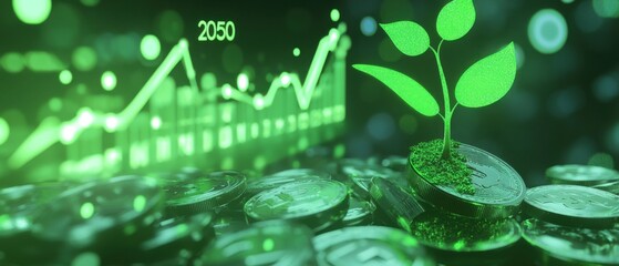 Sustainable investment growth concept with plant sprouting from coins and financial chart showing positive trend towards 2050, representing green economy and future finance