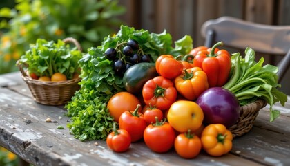 Fresh vegetable bundle on rustic table, outdoor healthy eating scene