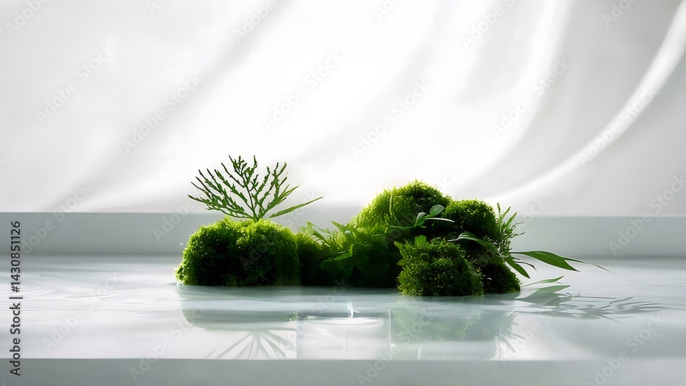 Aufkleber 白いテーブルに置かれた緑の苔と葉のクローズアップ 瑞々しい自然の静物 白い背景 光と影のコントラスト
