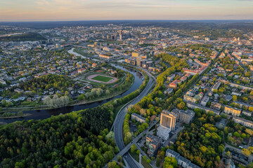 Aerial spring sunset view of central Vilnius, Lithuania
