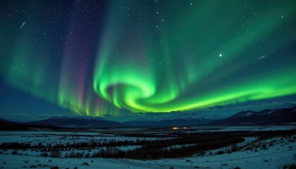 Green aurora borealis glowing in night sky, natural light phenomenon over landscape