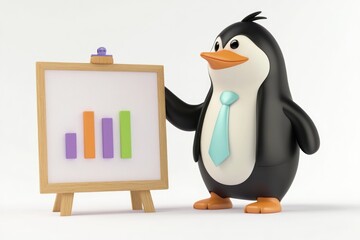 Obraz premium A cartoon penguin in a tie presents a bar graph on a small easel.