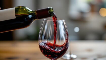 Red wine pouring into glass with splash, elegance and rich beverage detail