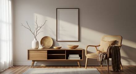 Serene Minimalist Living Room Interior Design with Wooden Furniture and Natural Light