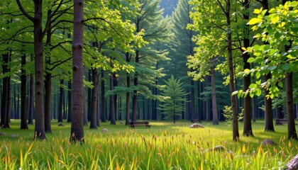 Forest filled with green trees and wild grass, peaceful nature landscape